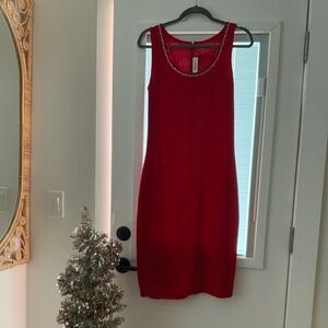 St.John Evening Sleeveless Knit Red Holiday  Dress Rhinestone Neckline 6